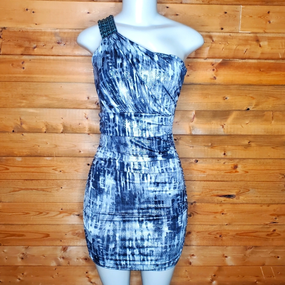 ❤️ ipona collection dress black & silver bodycon stretch one shoulder Size S